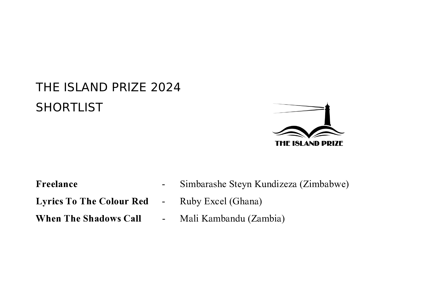 You are currently viewing Ruby Excel, Mali Kambandu, Simbarashe Steyn Kundizeza: The Island Prize 2024 Shortlist