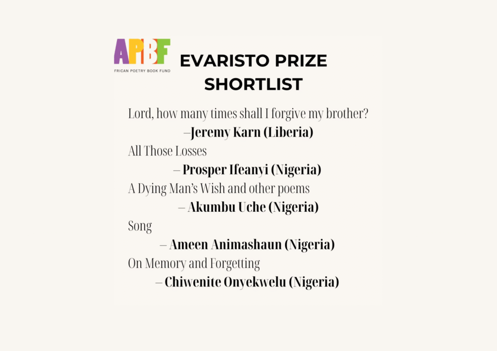 Read more about the article Jeremy Karn, Prosper Ifeanyi, and Others Shortlisted for the 2025 Evaristo Prize for African Poetry
