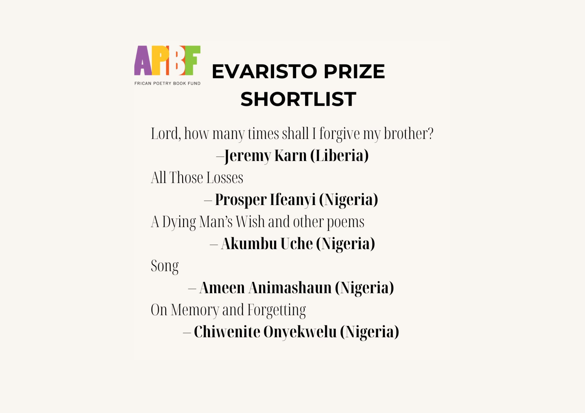 You are currently viewing Jeremy Karn, Prosper Ifeanyi, and Others Shortlisted for the 2025 Evaristo Prize for African Poetry