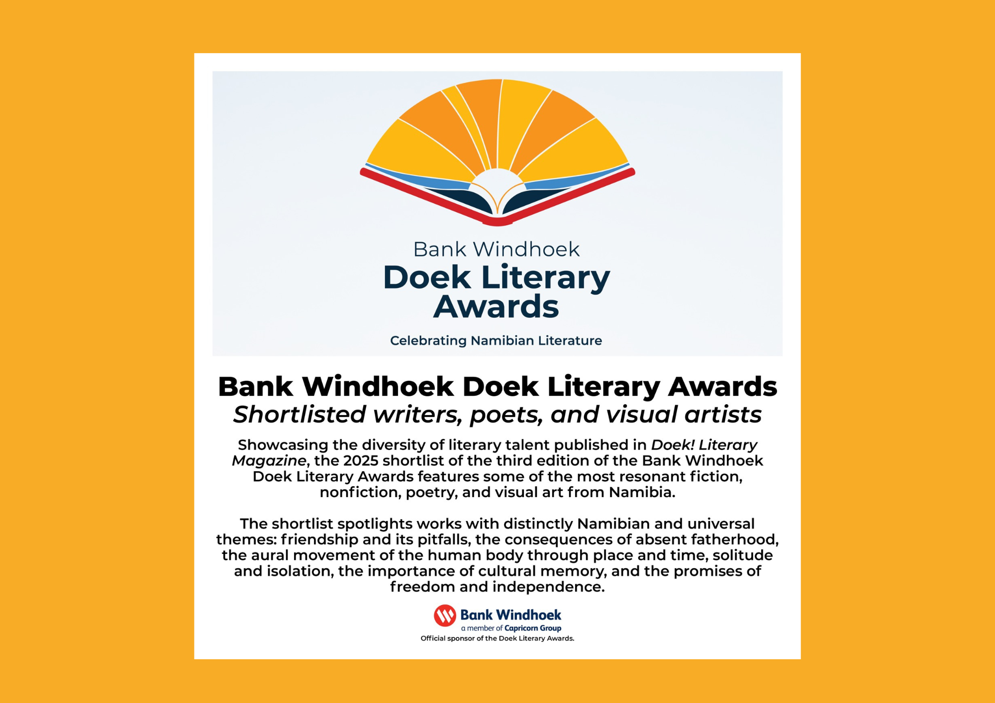 You are currently viewing Doek! Announces 2025 Bank Windhoek Literary Awards Shortlist 