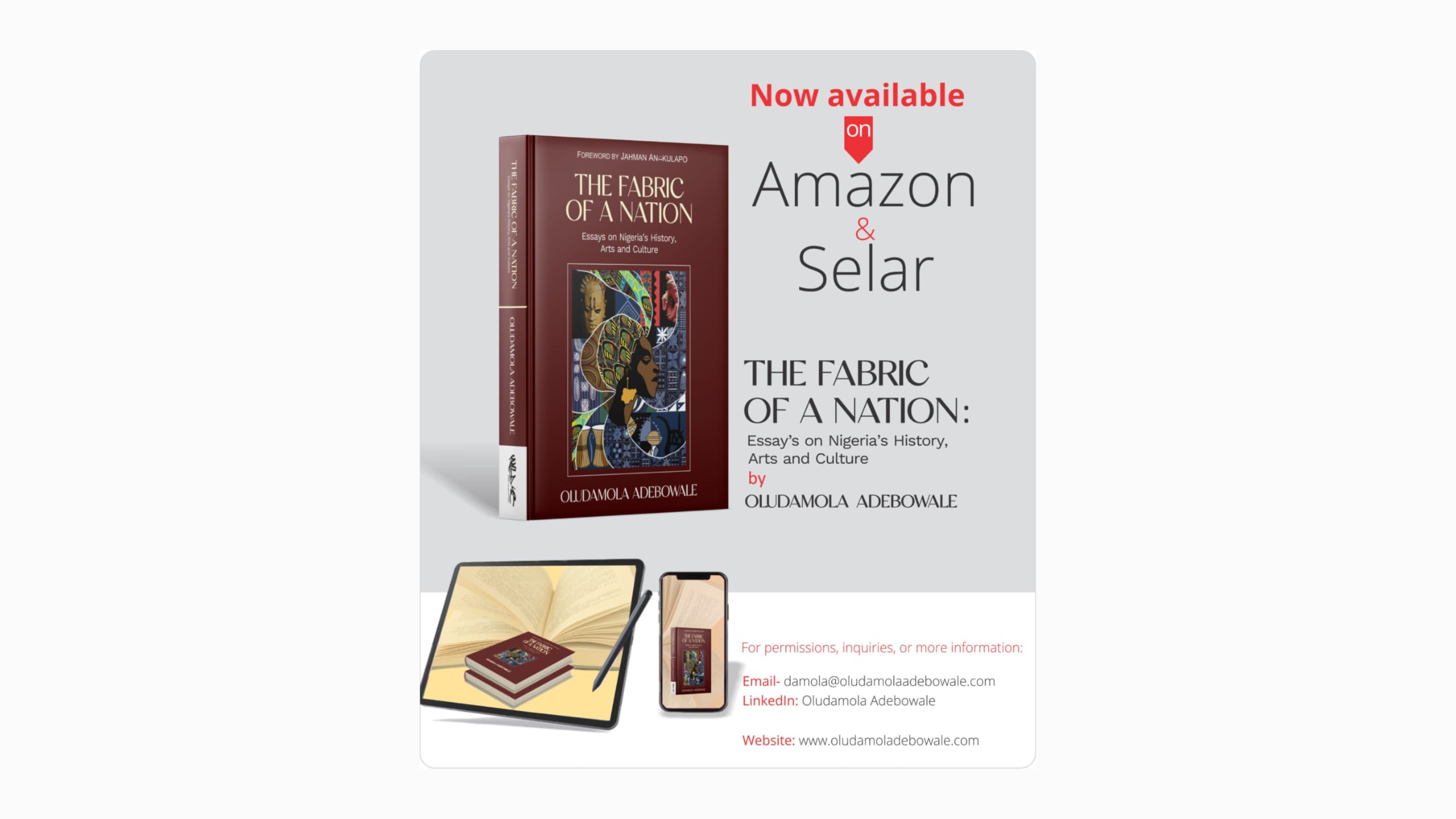 You are currently viewing Dr. Olúdàmọ́lá Adébọ̀wálé Releases “The Fabric of a Nation”, A New Study on Nigeria’s History and Culture