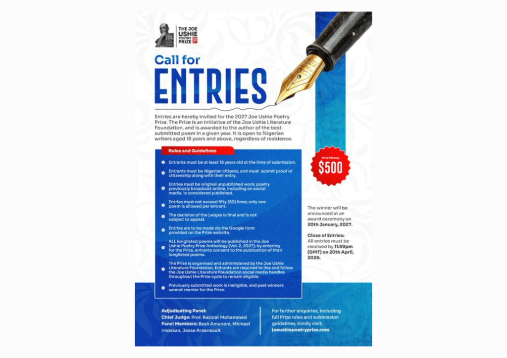Read more about the article Call for Entries: 2027 Joe Ushie Poetry Prize Opens